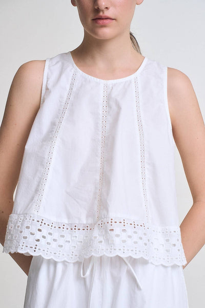 VIDA MOULIN white 100% cotton sleeveless round neck swing top with eyelet lace inset and back self tie.