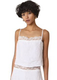 VIDA MOULIN white linen cami top with lace trim neckline and hem, adjustable spaghetti straps.