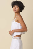VIDA MOULIN white linen cami top with lace trim neckline and adjustable spaghetti straps