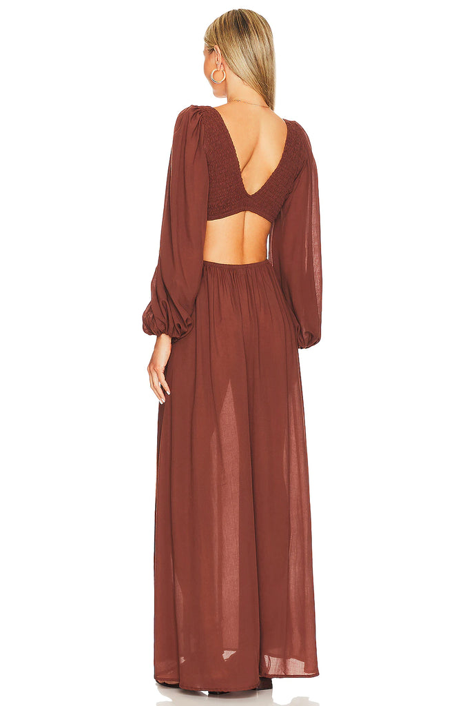julie solid ruched bodice cutaway maxi dress Indah Julie Solid Cutaway Maxi Ivory
